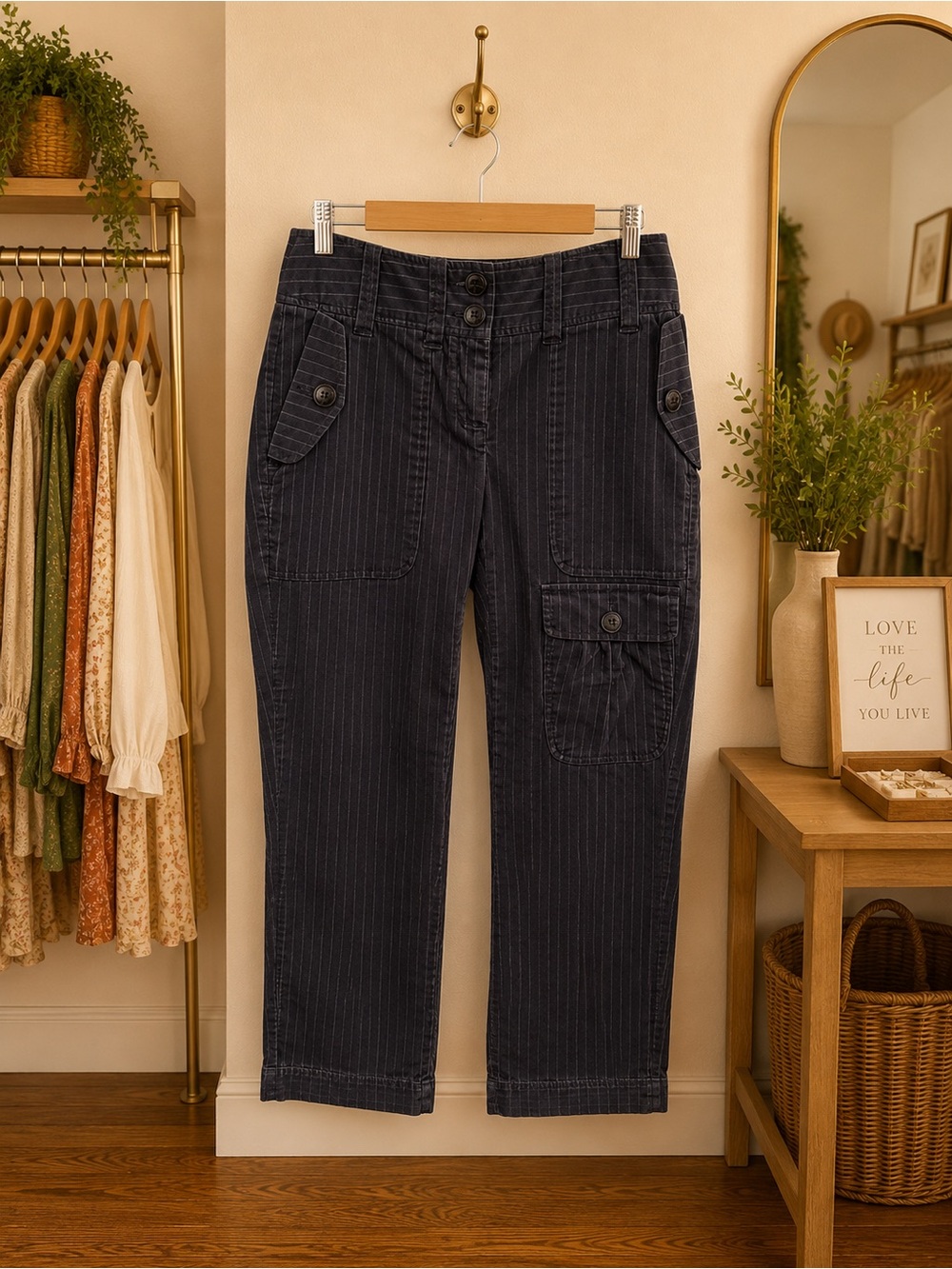 +•••• by Anthropologie Green Velvet Pinstripe Cargo Crop Pants NWT Size 6